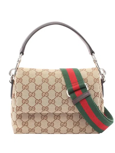 Pre-owned Gucci 2016-2026 Small Gg Canvas Web Satchel In Neutral