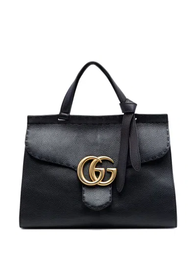 Pre-owned Gucci 2016-2026 Small Gg Marmont Grained Calfskin Top Handle Satchel In Black