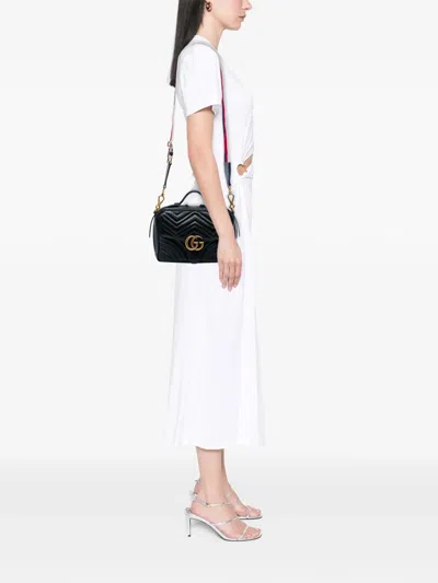 Pre-owned Gucci 2016-2026 Small Gg Marmont Matelasse Calfskin Top Handle Satchel In Black