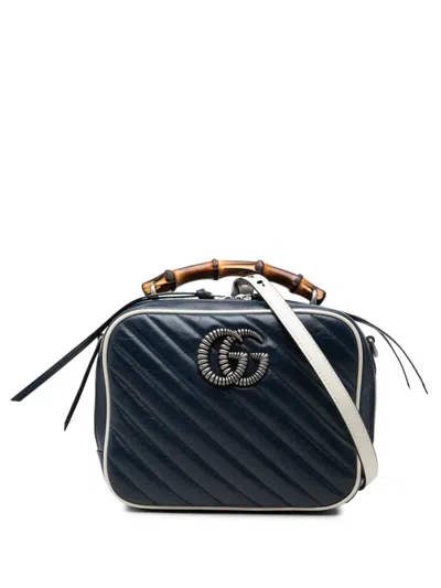Pre-owned Gucci 2016-2026 Small Gg Marmont Matelasse Diagonal Calfskin Torchon Bamboo Satchel In Blue