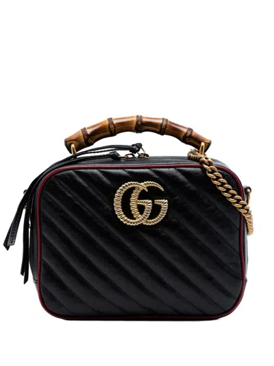 Pre-owned Gucci 2016-2026 Small Gg Marmont Matelasse Diagonal Leather Torchon Bamboo Satchel In Black