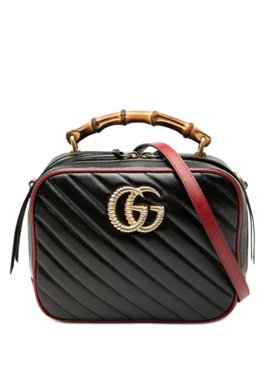 Pre-owned Gucci 2016-2026 Small Gg Marmont Matelasse Diagonal Leather Torchon Bamboo Satchel In Black