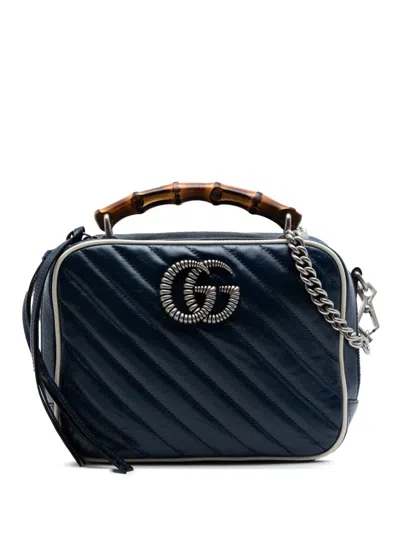 Pre-owned Gucci 2016-2026 Small Gg Marmont Matelasse Diagonal Leather Torchon Bamboo Satchel In Blue