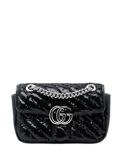Pre-owned Gucci 2016-2026 Small Gg Marmont Matelasse Diagonal Sequin And Leather Torchon Shoulder Bag In Black