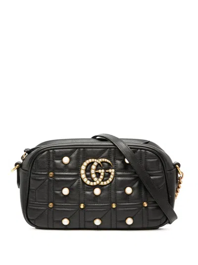 Pre-owned Gucci 2016-2026 Small Gg Marmont Matelasse Leather Pearl Studded Crossbody Bag In Black