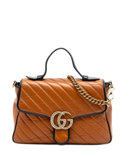 Pre-owned Gucci 2016-2026 Small Gg Marmont Matelasse Leather Torchon Top Handle Bag Satchel In Brown