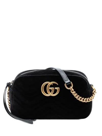 Pre-owned Gucci 2016-2026 Small Gg Marmont Matelasse Velvet Crossbody Bag In Black