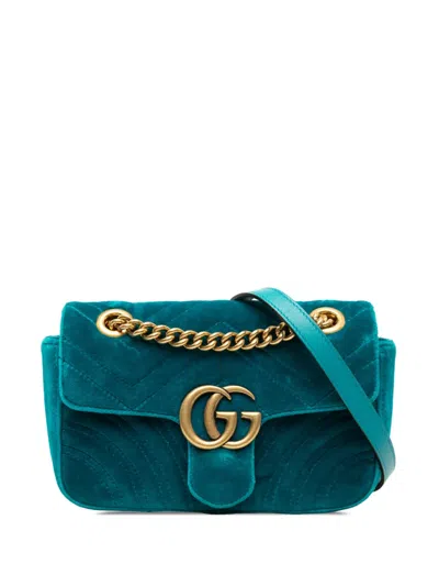 Pre-owned Gucci 2016-2026 Small Gg Marmont Matelasse Velvet Shoulder Bag In Blue