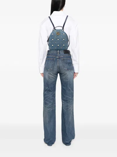 Pre-owned Gucci 2016-2026 Small Gg Marmont Pearl Studded Matelasse Denim Backpack In Blue