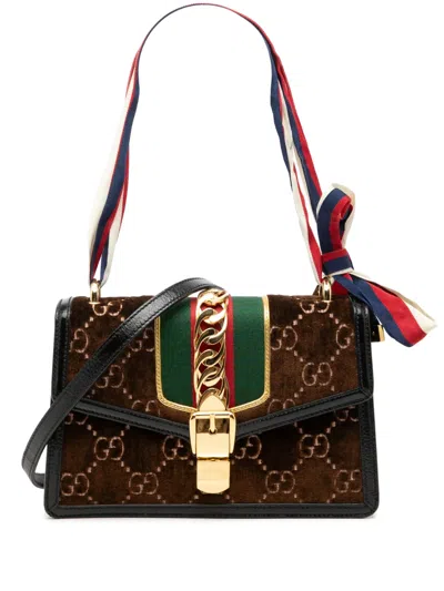 Pre-owned Gucci 2016-2026 Small Gg Velvet Sylvie Crossbody Bag In Brown