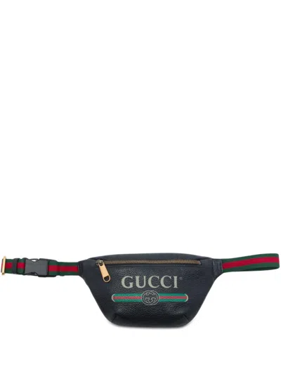 Pre-owned Gucci 2016-2026 Small Grained Calfskin Web Logo Belt Bag In Black