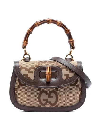 Pre-owned Gucci 2016-2026 Small Jumbo Gg Canvas Bamboo 1947 Top Handle Bag Satchel In Neutral