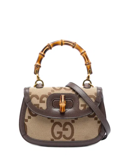 Pre-owned Gucci 2016-2026 Small Jumbo Gg Canvas Bamboo 1947 Top Handle Bag Satchel In Neutral
