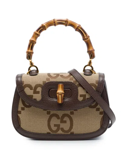 Pre-owned Gucci 2016-2026 Small Jumbo Gg Canvas Bamboo 1947 Top Handle Bag Satchel In Neutrals