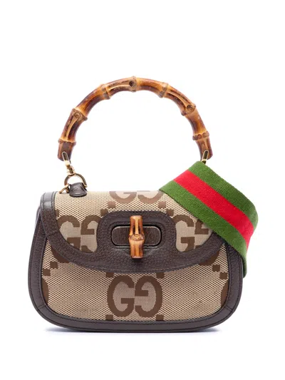 Pre-owned Gucci 2016-2026 Small Jumbo Gg Canvas Web Bamboo 1947 Top Handle Bag Satchel In Neutrals