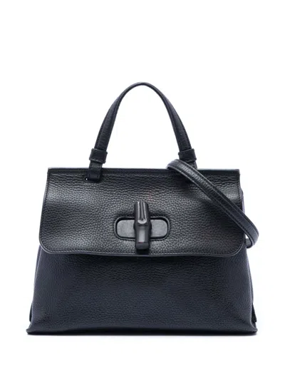 Pre-owned Gucci 2016-2026 Small Leather Bamboo Daily Satchel In Black