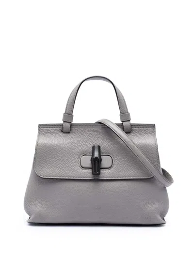 Pre-owned Gucci 2016-2026 Small Leather Bamboo Daily Satchel In Gray