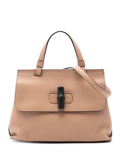 Pre-owned Gucci 2016-2026 Small Leather Bamboo Daily Satchel In Neutral