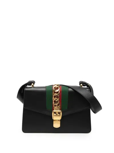 Pre-owned Gucci 2016-2026 Small Leather Web Sylvie Satchel In Black