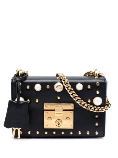 Pre-owned Gucci 2016-2026 Small Pearl Studded Leather Padlock Crossbody Bag In Black