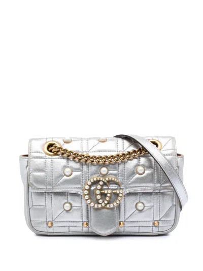 Pre-owned Gucci 2016-2026 Small Pearly Gg Marmont Pearl Studded Matelasse Leather Shoulder Bag In Silver