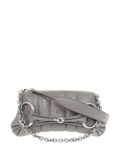Pre-owned Gucci 2016-2026 Small Quilted Leather Horsebit Chain Satchel In Gray