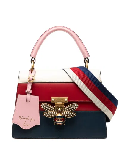 Pre-owned Gucci 2016-2026 Small Tricolor Calfskin Queen Margaret Top Handle Bag Satchel In Blue