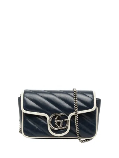 Pre-owned Gucci 2016-2026 Super Mini Gg Marmont Matelasse Leather Torchon Flap Crossbody Bag In Blue