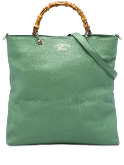 Pre-owned Gucci 2016-2026 Tall Calfskin Bamboo Shopper Tote Satchel In Green