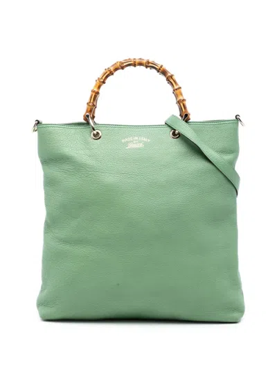 Pre-owned Gucci 2016-2026 Tall Leather Bamboo Shopper Tote Satchel In Green