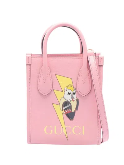 Pre-owned Gucci 2016-2026 X Bnf Textured Dollar Mini Calfskin Bananya Print Vertical Tote Satchel In Pink