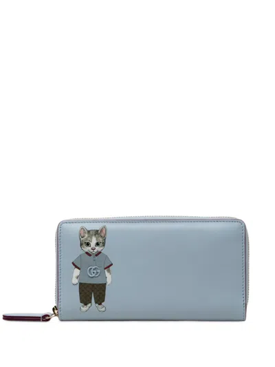 Pre-owned Gucci 2016-2026 Yuko Higuchi Calfskin Cat Boris Zip Around Wallet Long Wallets In Blue