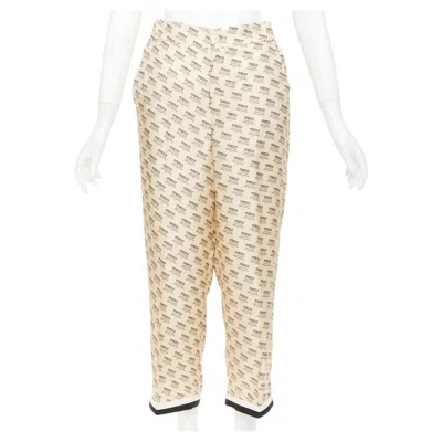 Pre-owned Gucci 2017 100% Silk Beige Invite Stamp Logo Monogram Pajama Pants It38 Xs In Brown
