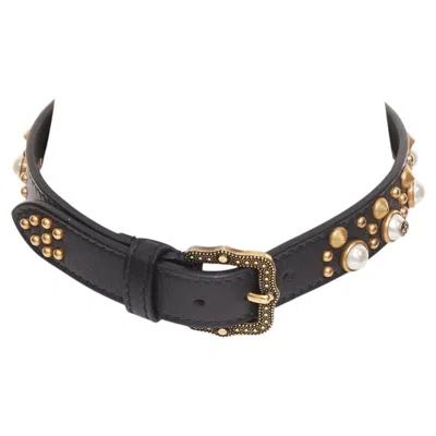 Pre-owned Gucci 2017 Black Calfskin Gold Gg Faux Pearl Embellished Choker Necklace