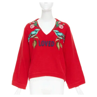 Pre-owned Gucci 2017 Runway Red Wool Loved Bird Red Wool Green Embroidered Sweater S