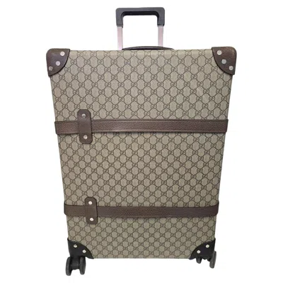 Pre-owned Gucci 2018 Globe-trotter Gg Medium Suitcase Beige Canvas Leather Trim In Brown