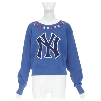 Pre-owned Gucci 2018 Mlb New York Yankees Cotton Multicolor Jeweled Bateau Neck Sweatshirt In Blue