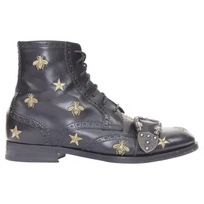 Pre-owned Gucci 2018 Runway Queercore Bee Star Embroidered Leather Brogue Boot Eu39.5 In Gray