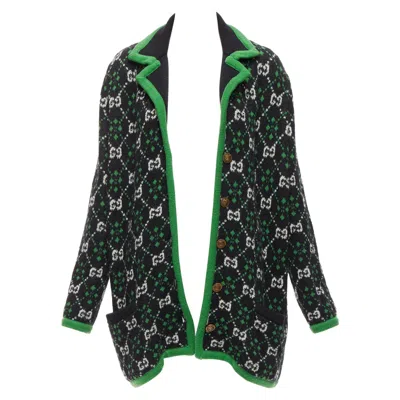 Pre-owned Gucci 2018 White Black Gg Monogram Alpaca Wool Green Trim Knit Coat S