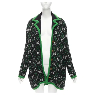 Pre-owned Gucci 2018 White Black Gg Monogram Alpaca Wool Green Trim Knit Coat S