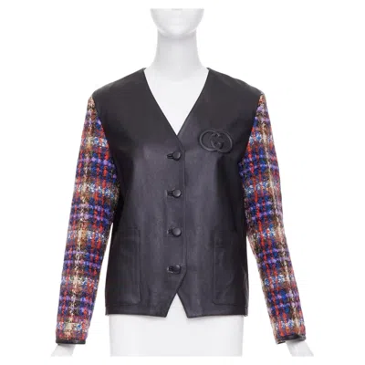 Pre-owned Gucci 2019 Interlocking G Patch Lambskin Multi Plaid Tweed Sleeve Jacket It38 S In Black