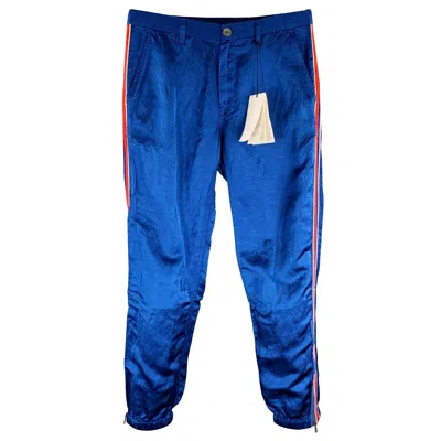 Pre-owned Gucci 2019 Size 32 Blue Red Stripe Viscose Linen Joggers Casual Pants