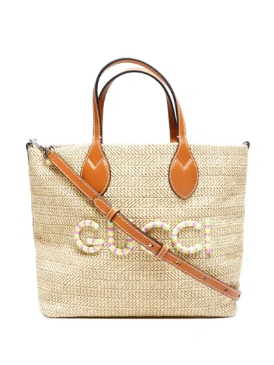 Pre-owned Gucci 2020-2025s Logo Raffia 2way Bag In Neutral