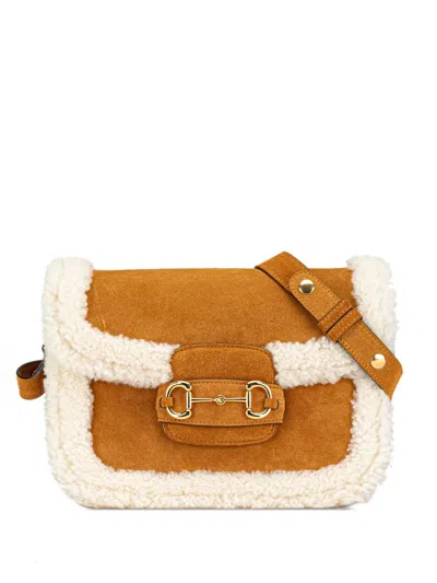 Pre-owned Gucci 2020 Small Shearling Trimmed Suede Horsebit 1955 Crossbody Bag In 褐色