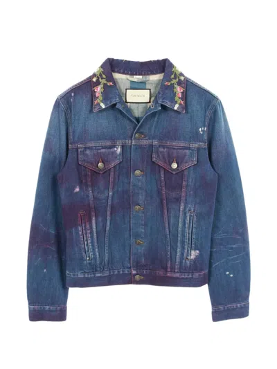 Pre-owned Gucci 2020s Floral-embroidered Studded Denim Jacket In Blue