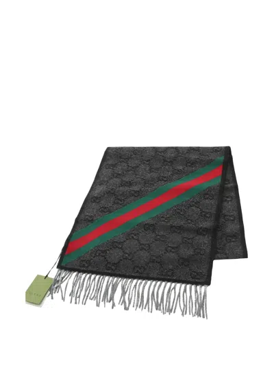 Pre-owned Gucci 2020s Gg-pattern Fringed Scarf In Gray