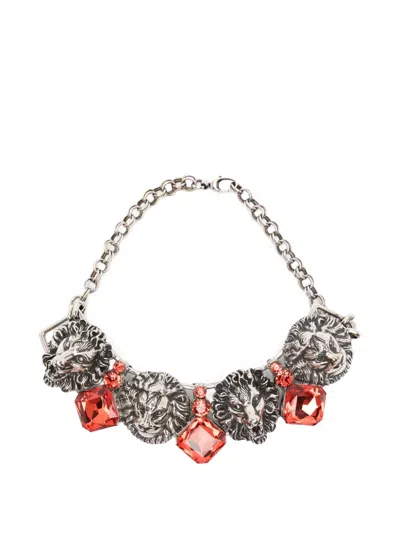 Pre-owned Gucci 2020s Lion Head Crystal Necklace In Silver
