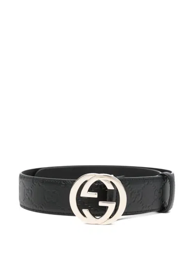 Pre-owned Gucci 2020s Logo-embossed Leather Belt In Black