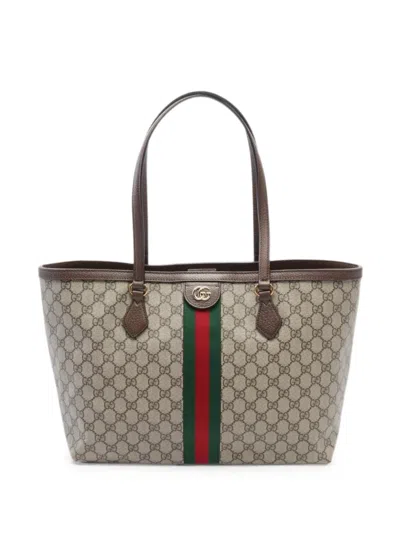 Pre-owned Gucci 2020s Medium Gg Canvas Web-stripe Tote Bag In ニュートラル