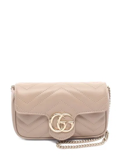 Pre-owned Gucci 2020s Mini Gg Marmont Chevron-quilted Shoulder Bag In Neutral